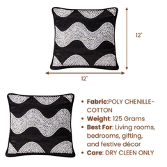 Hand-Crafted Cushion Cover – Black Silver | 12"x12" | Poly Chenille-Cotton | Luxury Festive Accent