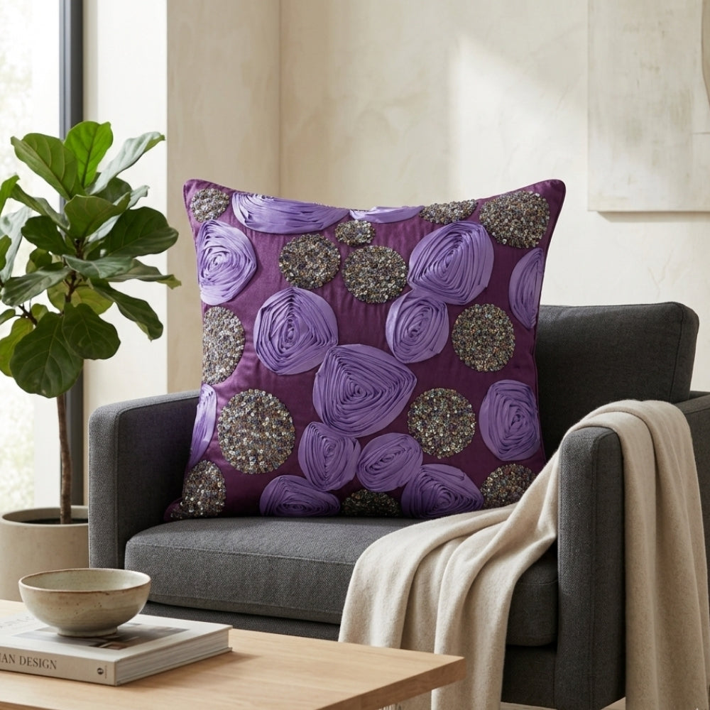 Handcrafted Cushion Cover – Purple | 16"x16" | Floral Rosette Decorative Cushion Cover