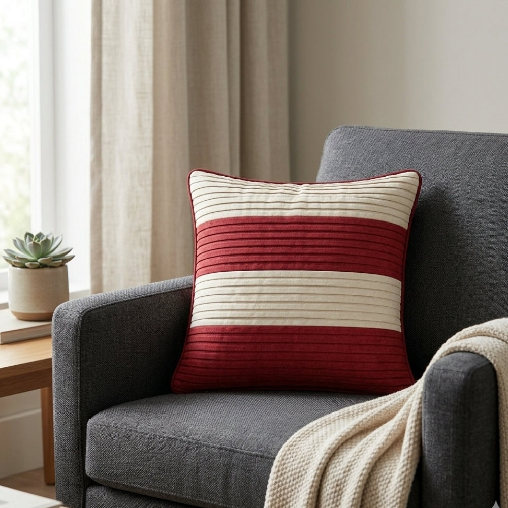 Fabric Crafted Cushion Cover – Maroon | 12"x12" | Poly Cotton Fabric | Modern Striped Texture Design