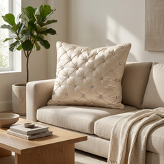 Hand Crafted Cushion Cover – White | 16"x16" | Poly Cotton | Diamond Button Tufted Design