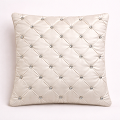 Hand Crafted Cushion Cover – White | 16"x16" | Poly Cotton | Diamond Button Tufted Design