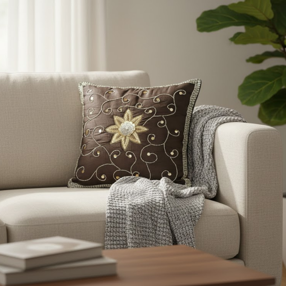 Handcrafted Black Cushion Cover – 16"x16" | Elegant Floral Embellished Design | Premium Poly Cotton