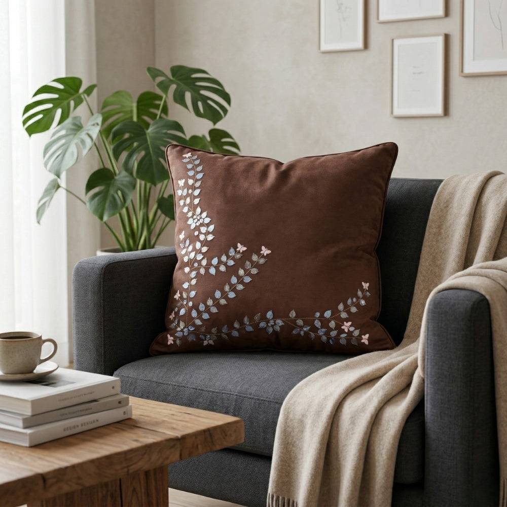 Hand Crafted Cushion Cover – Brown | 16"x16" | Poly Cotton Fabric | Elegant Embroidered Design