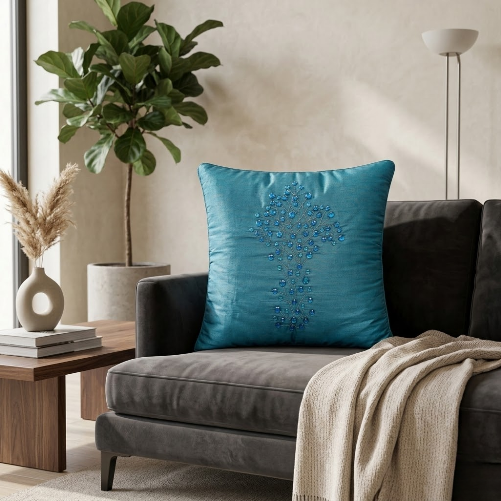 Hand Crafted Cushion Cover – Turquoise | 16"x16" | Poly Cotton | Embroidered Floral Design
