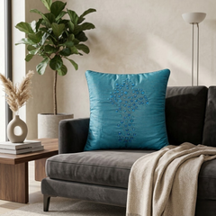 Hand Crafted Cushion Cover – Turquoise | 16"x16" | Poly Cotton | Embroidered Floral Design