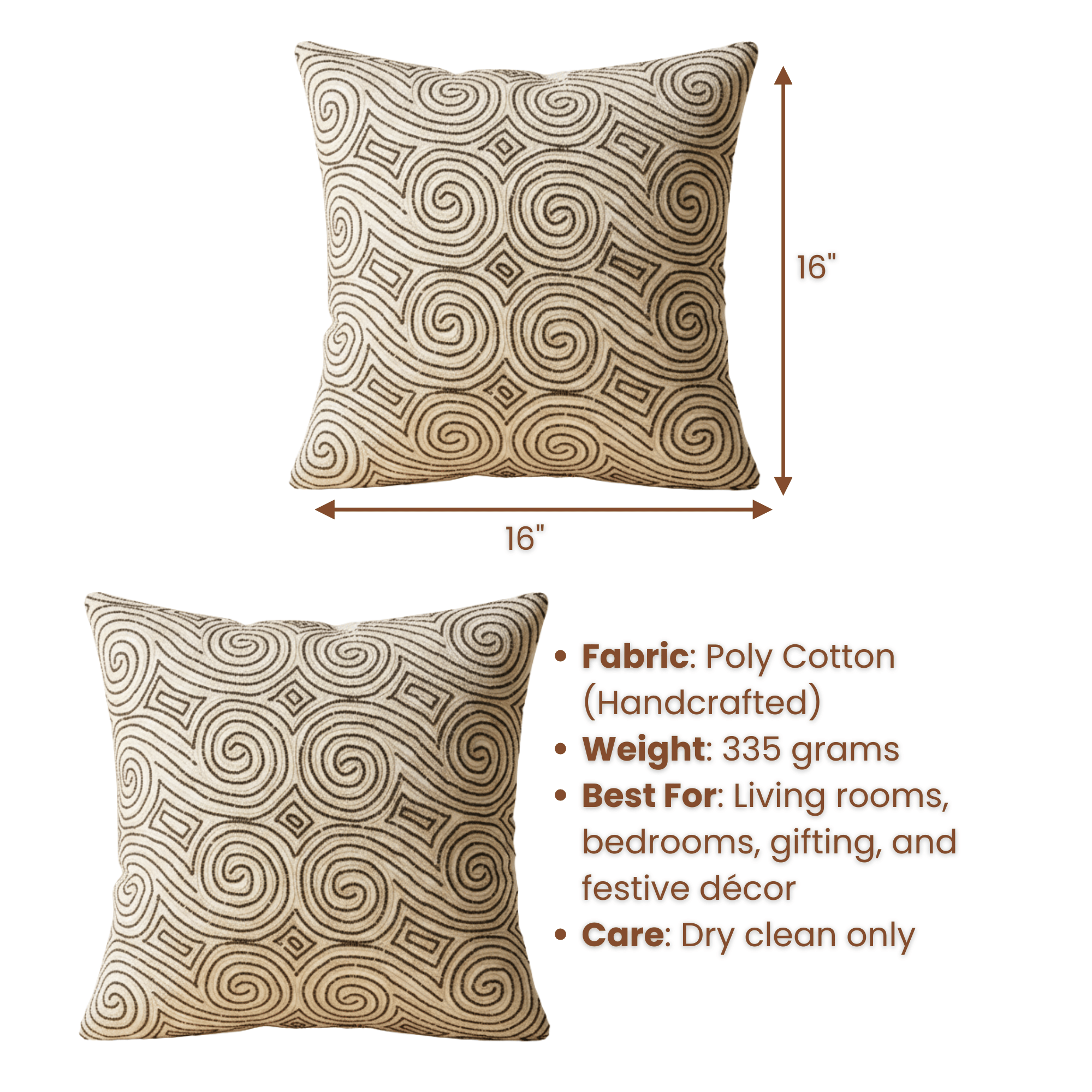 Handcrafted White Cushion Cover – 16"x16", Premium Poly Cotton