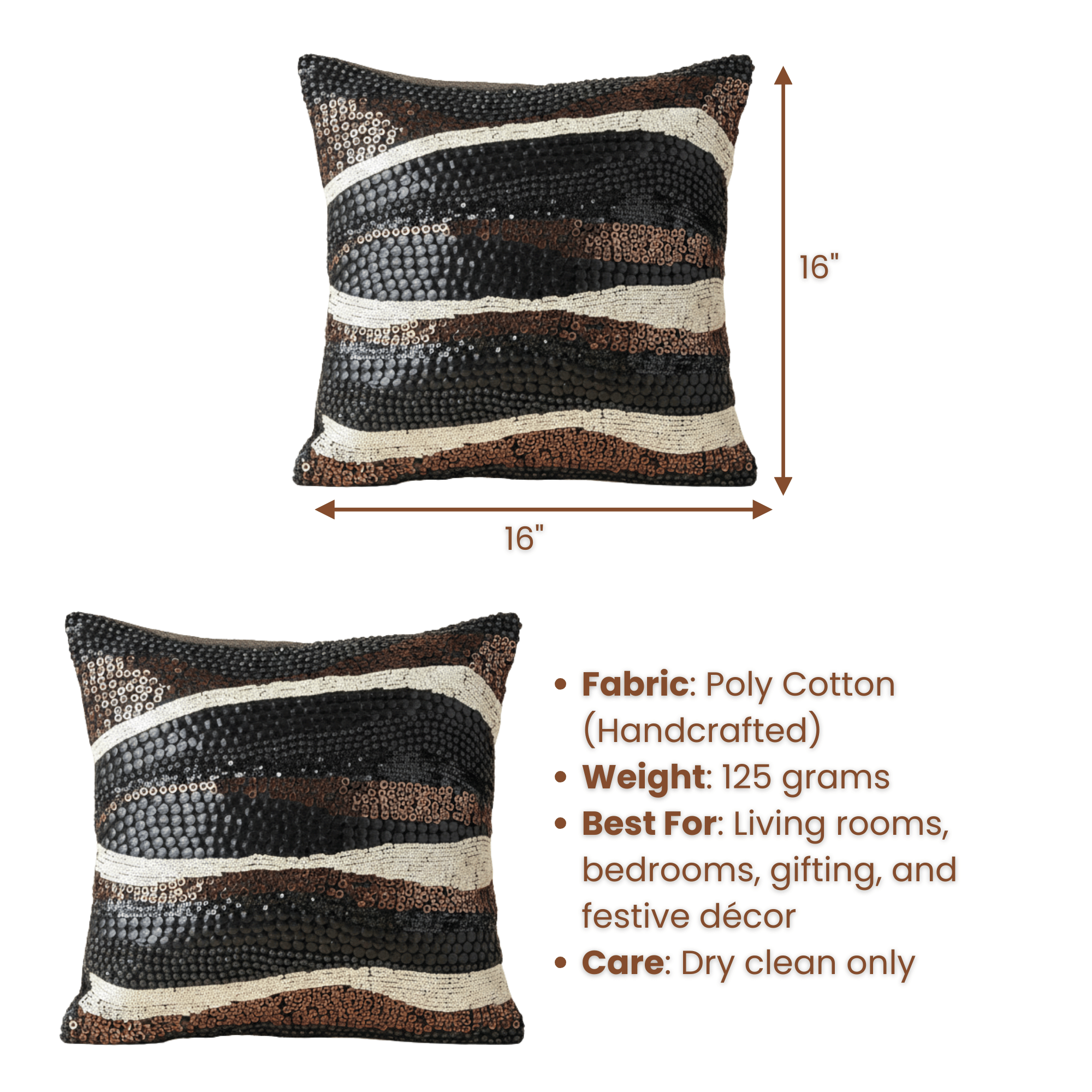 Handcrafted Black Cushion Cover – 16"x16"