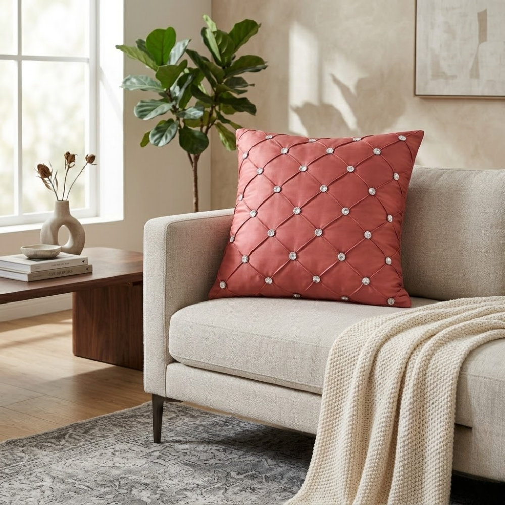 Hand Crafted Cushion Cover – Pink | 16"x16" | Poly Cotton | Diamond Button Tufted Design