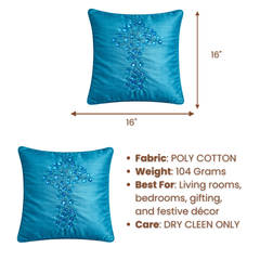Hand Crafted Cushion Cover – Turquoise | 16"x16" | Poly Cotton | Embroidered Floral Design