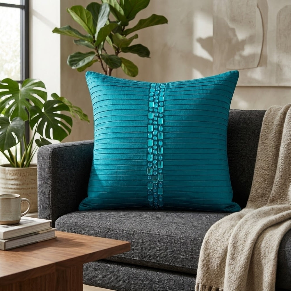 Hand Crafted Cushion Cover – Turquoise | 16"x16" | Poly Cotton | Center Embellished Stripe Design