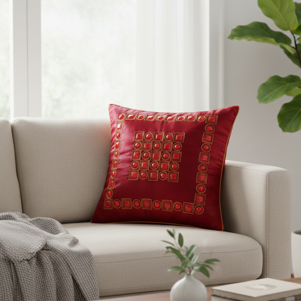 Hand Crafted Cushion Cover – Red | 16"x16" | Poly Cotton | Geometric Embellished Design