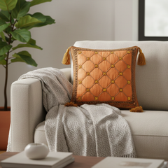 Handcrafted Orange Cushion Cover – 12"x12" | Diamond Quilted Embroidery | Tassel Accents | Premium Poly Cotton