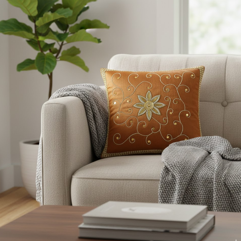 Handcrafted Bronze Cushion Cover – 16"x16" | Intricate Floral & Swirl Embellished Design | Premium Poly Cotton