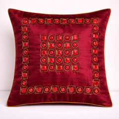 Hand Crafted Cushion Cover – Red | 16"x16" | Poly Cotton | Geometric Embellished Design