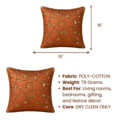 Handcrafted Cushion Cover – Yellow | 16"x16" | Floral Vine Embroidered Decorative Cushion Cover