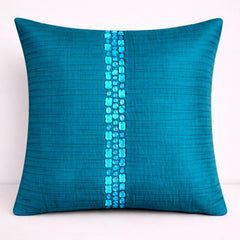 Hand Crafted Cushion Cover – Turquoise | 16"x16" | Poly Cotton | Center Embellished Stripe Design