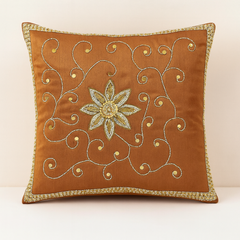 Handcrafted Bronze Cushion Cover – 16"x16" | Intricate Floral & Swirl Embellished Design | Premium Poly Cotton