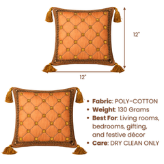Handcrafted Orange Cushion Cover – 12"x12" | Diamond Quilted Embroidery | Tassel Accents | Premium Poly Cotton