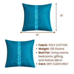 Hand Crafted Cushion Cover – Turquoise | 16"x16" | Poly Cotton | Center Embellished Stripe Design