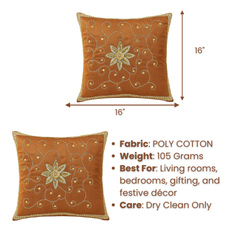 Handcrafted Bronze Cushion Cover – 16"x16" | Intricate Floral & Swirl Embellished Design | Premium Poly Cotton