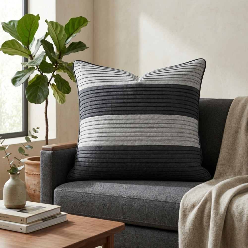 Fabric Crafted Cushion Cover – Black | 16"x16" | Poly Cotton Fabric | Modern Striped Texture Design