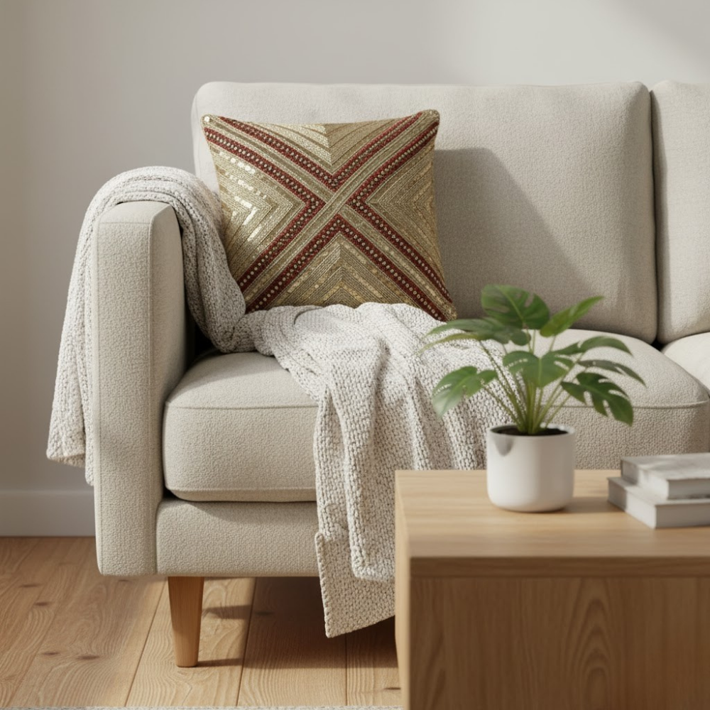 Handcrafted Dark Gold Cushion Cover – 12"x12", Premium Poly Cotton