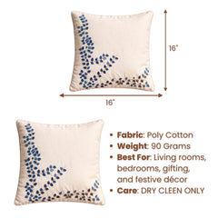 Hand Crafted Cushion Cover – Cream | 16"x16" | Poly Cotton Fabric | Elegant Embroidered Floral Design