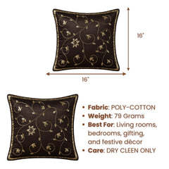 Handcrafted Cushion Cover – Brown | 16"x16" | Floral Vine Embroidered Decorative Cushion Cover