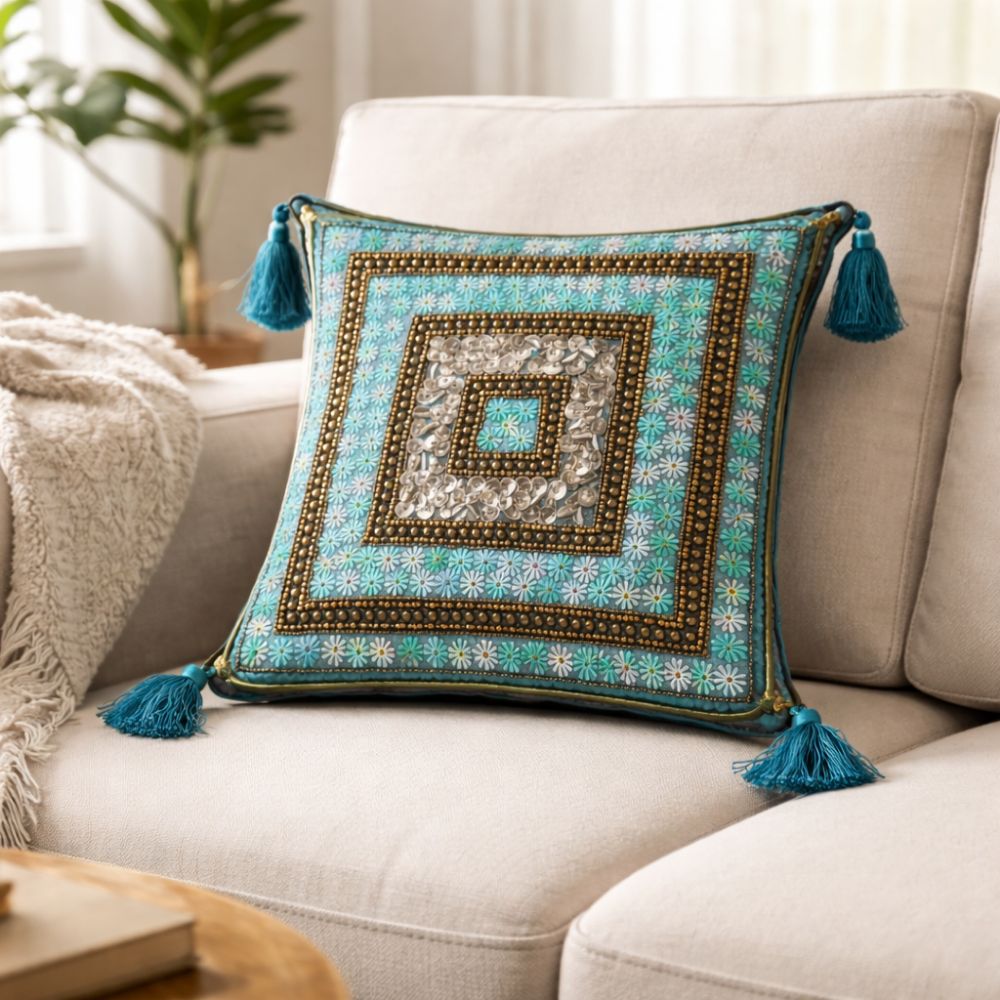 Handcrafted Turquoise Cushion Cover – 12"x12" | Square Mirror Work Embroidery | Tassel Accents | Premium Poly Cotton