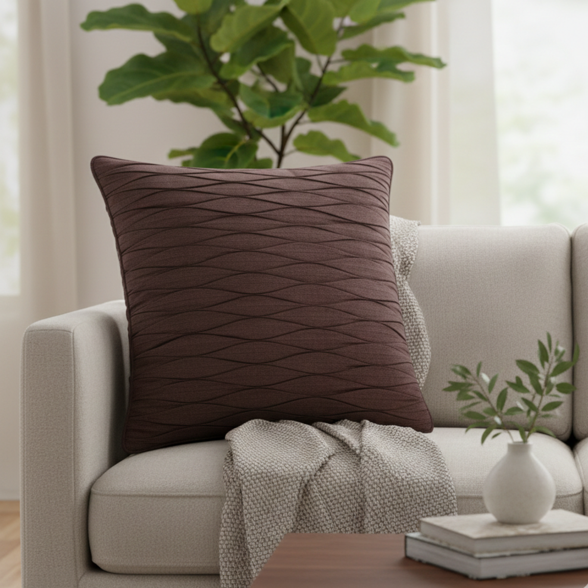 Fabric-Crafted Brown Cushion Cover – 16"x16" | Wave Textured Design | Premium Poly-Cotton