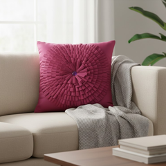 Fabric-Crafted Dark Pink Cushion Cover – 16"x16" | Textured Floral Burst Design | Premium Poly Cotton |