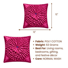 Fabric Crafted Cushion Cover – Dark Pink | 12"x12" | Poly Cotton | Circular Pleated Design