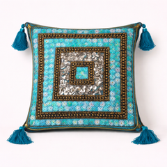 Handcrafted Turquoise Cushion Cover – 12"x12" | Square Mirror Work Embroidery | Tassel Accents | Premium Poly Cotton