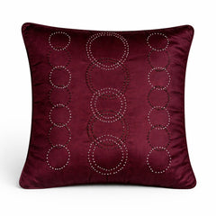 Maroon Silver Embroidered Cushion Cover | 16"x16" | Poly Cotton | Circular Pattern Designer Cushion Cover