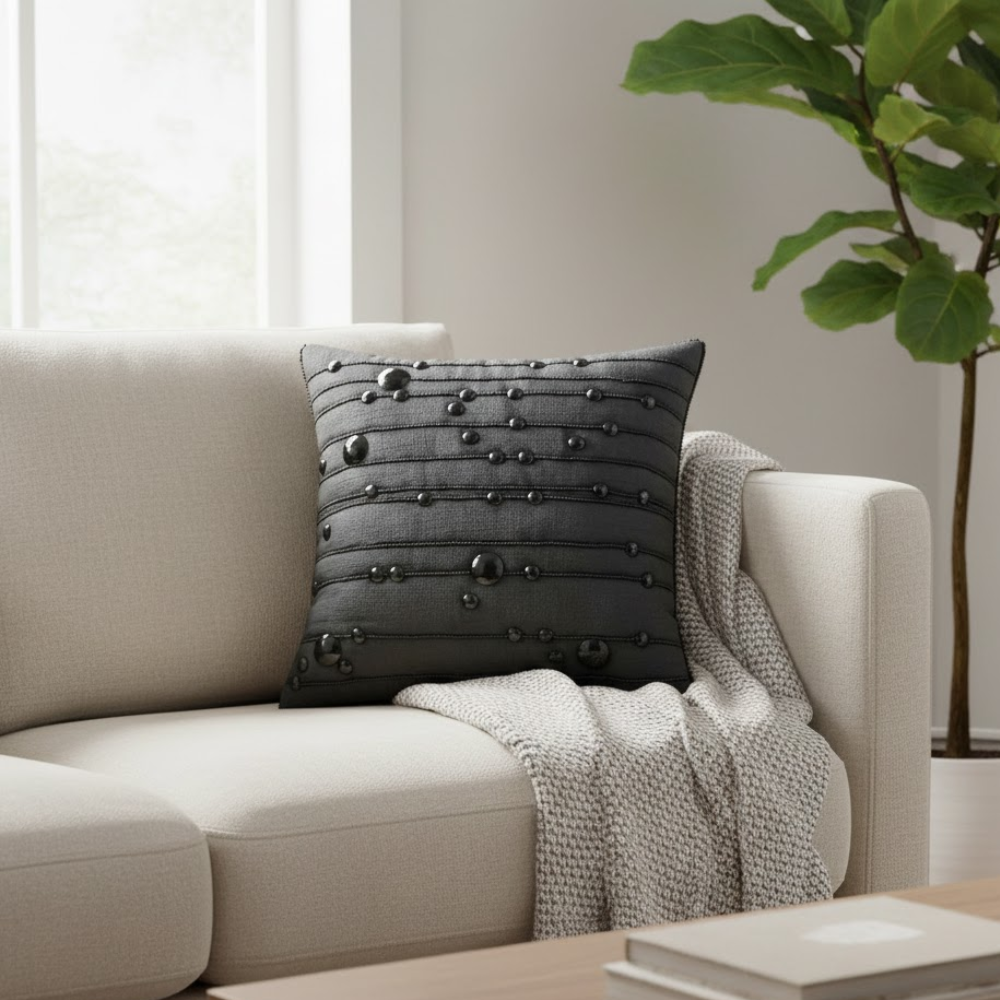 Handcrafted Black Cushion Cover – 16"x16" | Decorative Bead & Thread Work | Premium Poly Cotton