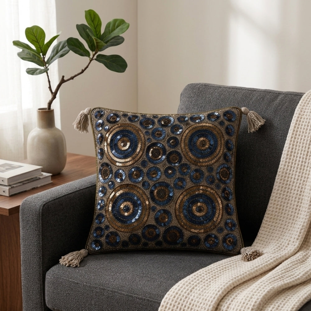 Handcrafted Cushion Cover – Cream | 12"x12" | Decorative Poly Cotton Cushion Cover with Tassels