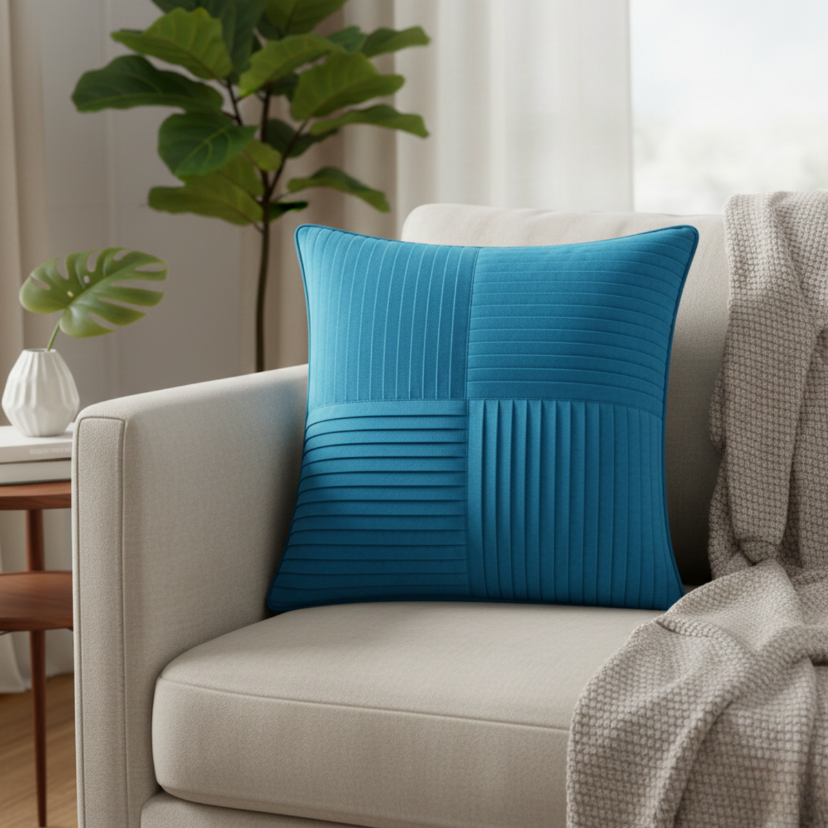 Fabric-Crafted Turquoise Blue Cushion Cover – 12"x12" | Elegant Pleated Texture | Premium Poly Cotton