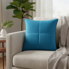 Fabric-Crafted Turquoise Blue Cushion Cover – 12"x12" | Elegant Pleated Texture | Premium Poly Cotton