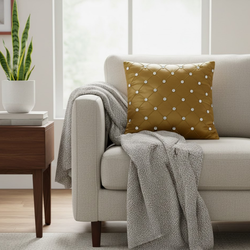 Handcrafted Khaki Cushion Cover – 16"x16" | Premium Poly-Cotton Matty | Crystal-Studded Diamond Quilting | Elegant Neutral Décor