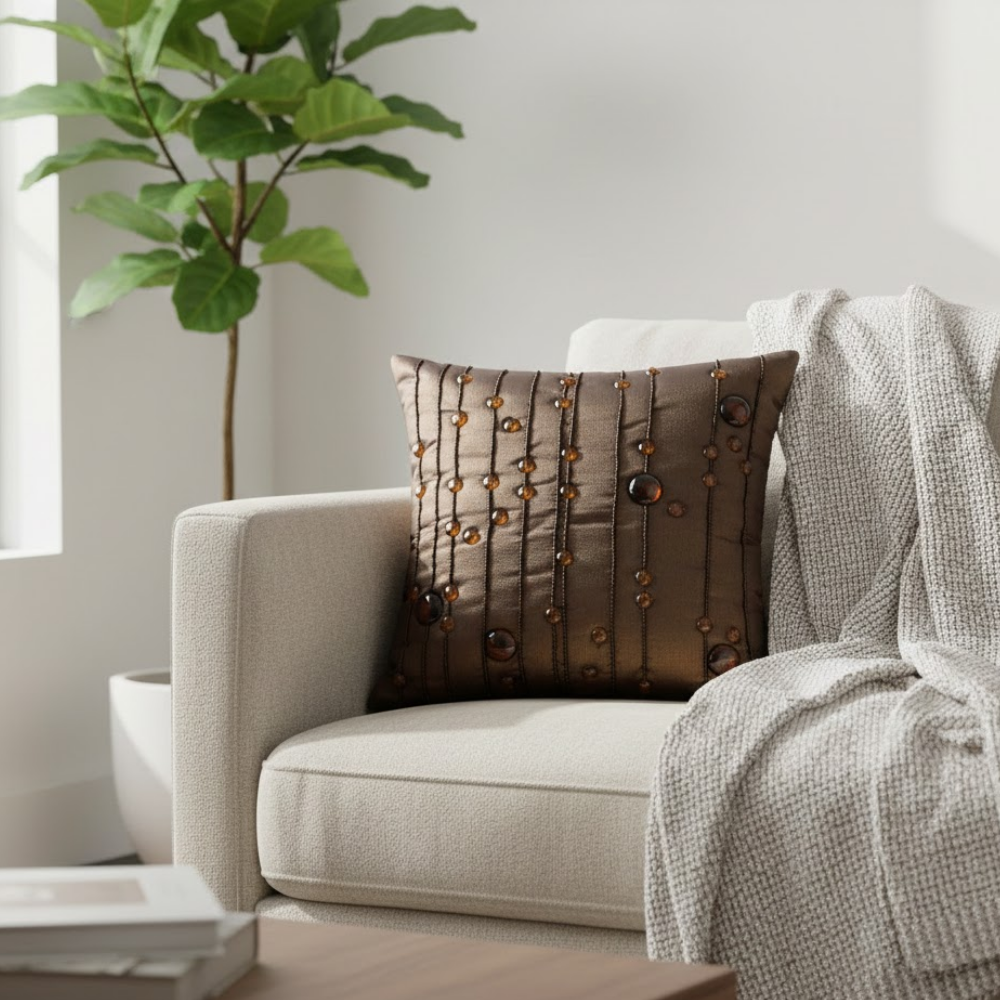 Handcrafted Brown Cushion Cover – 16"x16" | Decorative Bead & Thread Work | Premium Poly Cotton