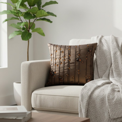 Handcrafted Brown Cushion Cover – 16"x16" | Decorative Bead & Thread Work | Premium Poly Cotton