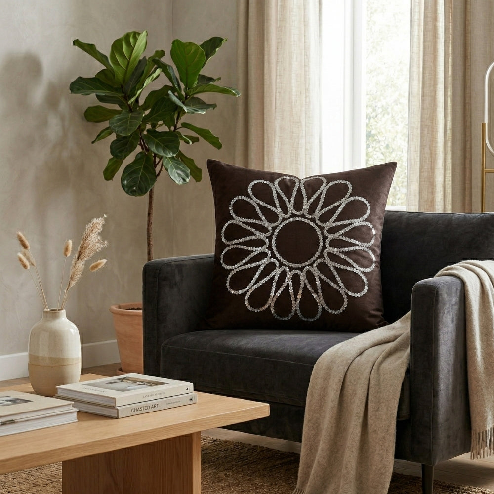 Hand Crafted Cushion Cover – Brown | 16"x16" | Poly Cotton Fabric | Stone Work Floral Design