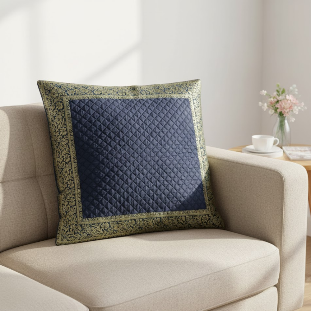 Fabric-Crafted Black Cushion Cover – 24"x24", Premium Poly Cotton with Quilted Center & Gold Border