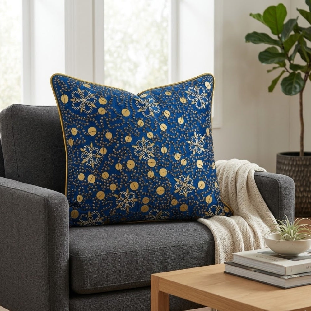Royal Blue Embroidered Cushion Cover | 16"x16" Decorative Designer Cushion Cover