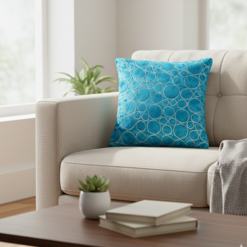 Machine-Crafted Sky Blue Cushion Cover – 12"x12" | Circular Embroidered Design | Premium Poly Channel Fabric