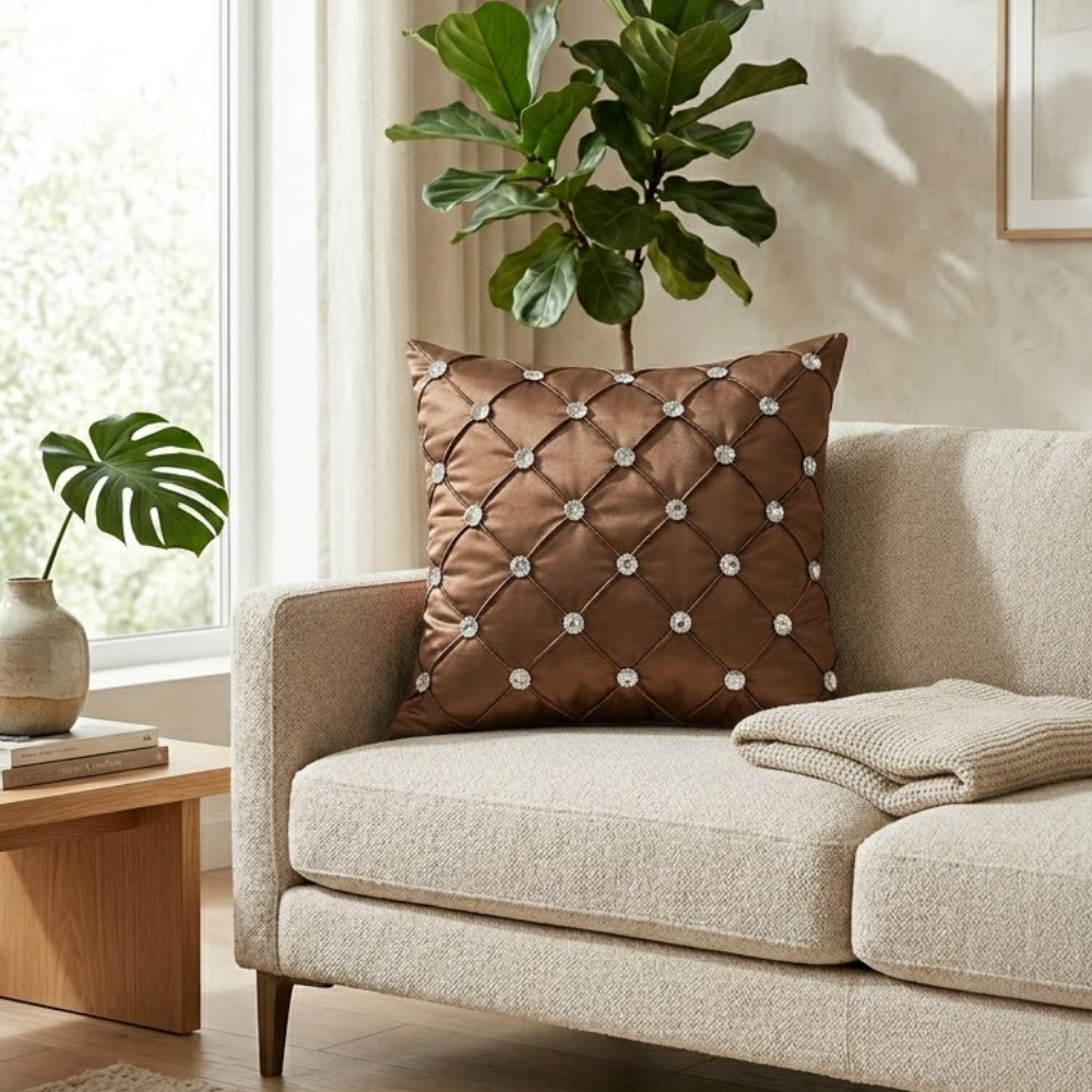 Hand Crafted Cushion Cover – Brown | 16"x16" | Poly Cotton | Diamond Button Tufted Design