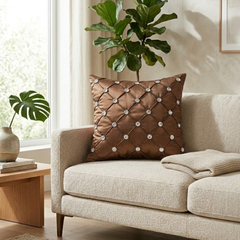 Hand Crafted Cushion Cover – Brown | 16"x16" | Poly Cotton | Diamond Button Tufted Design
