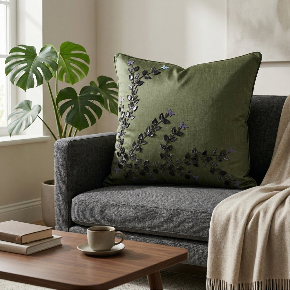 Hand Crafted Cushion Cover – Green | 16"x16" | Poly Cotton Fabric | Elegant Embroidered Floral Design