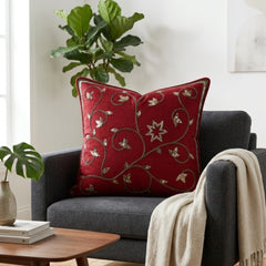 Handcrafted Cushion Cover – Bright Red | 16"x16" | Floral Vine Embroidered Decorative Cushion Cover