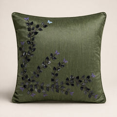 Hand Crafted Cushion Cover – Green | 16"x16" | Poly Cotton Fabric | Elegant Embroidered Floral Design